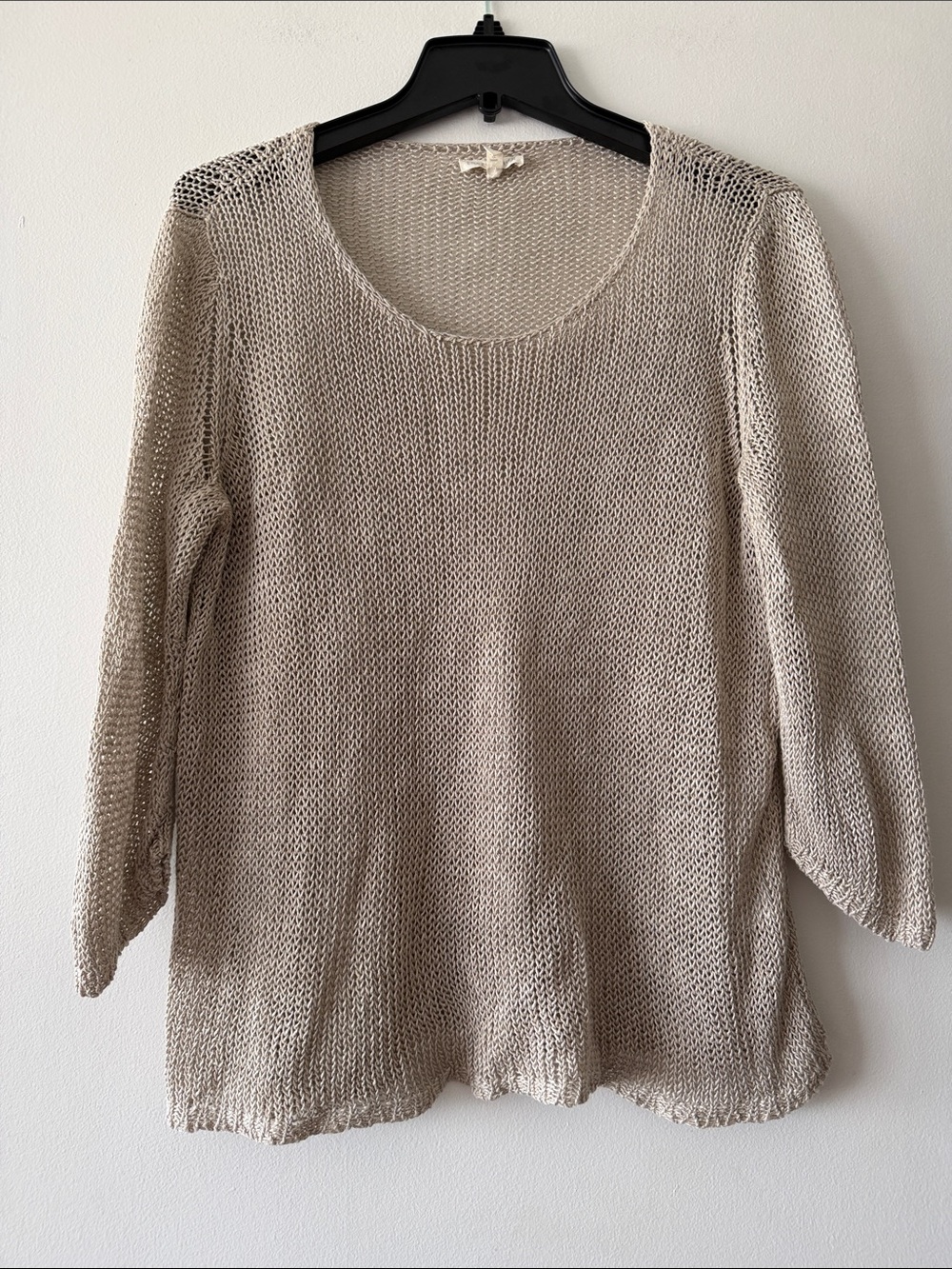 Eileen Fisher 100% Linen Open Stitch Mesh Knit Boxy Sweater Tan/Silver Medium